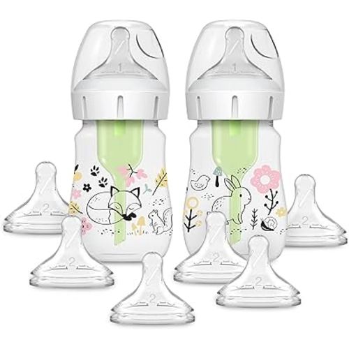 Dr. Brown’s Natural Flow® Anti-Colic Options+™ Wide-Neck Baby Bottle Designer Edition Bottles, Woodland Decos, 5 oz/150 mL, Level 1 Nipple, 2-Pack, 0m+ with 6-Pack Level 2 Nipples