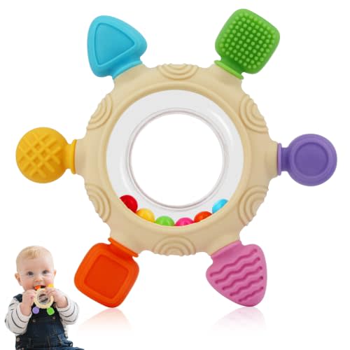 Baby Teething Rings Toys for 0-6 6-12 Month Rattle Sensory Toys | Silicone Baby Teether Toys For Babies 0-24Months Relief Chew Soothing Sore Gums for Newborn Essentials BPA Free