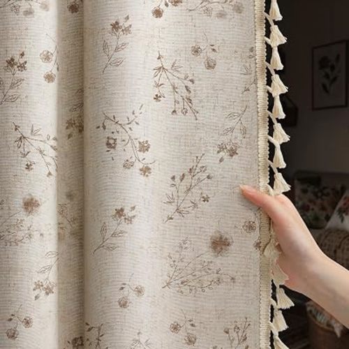 Boho Floral 100% Blackout Curtains 84 Inch 2 Panels Beige