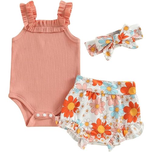 fhutpw Baby Girl Clothes Summer Cute Outfits 3 6 12 18 Months Spaghetti Strap Romper & Floarl Shorts Sets