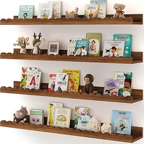 Shario Nursery Book Shelves, 4-Pack White Floating Shelves for Wall Kids, Scalloped Shelves, Wall Book Shelves for Bedroom Kids, Toddler Room, Baby Room, Nursery Decor (Walnut Brown, 31.5 Inches)