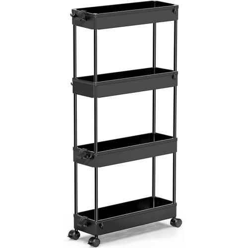 SPACEKEEPER Slim Rolling Storage Cart 4 Tier Bathroom Organizer Cart Mobile Shelving Unit Slide Out Utility Cart for Kitchen, Bthroom, Makeup, Craft, Laundry Narrow Places, Black