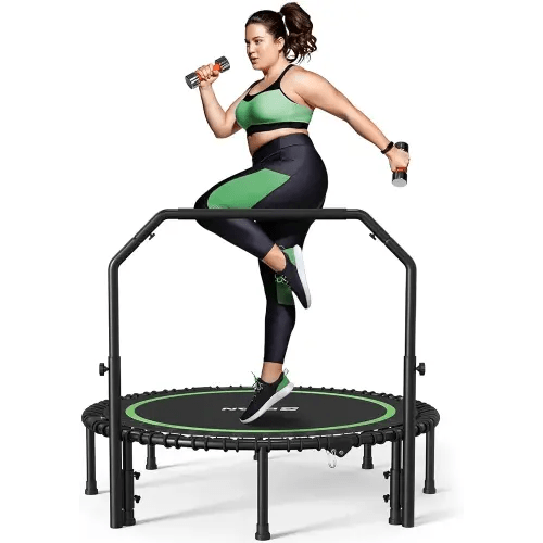 BCAN 450/550 LBS Foldable Mini Trampoline, 40"/48"/50" Fitness Trampoline with Bungees, U/T Shape Adjustable Foam Handle, Stable & Quiet Exercise Rebounder for Kids Adults Indoor/Garden Workout