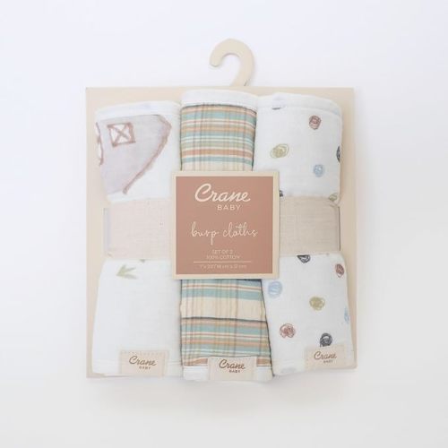 Crane Baby Burp Cloths Set, 3-pc. Charlie Farmhouse Tractor Collection, Soft 100% Cotton Muslin Burp Cloths for Baby Boys and Girls, Farm Nursery Décor