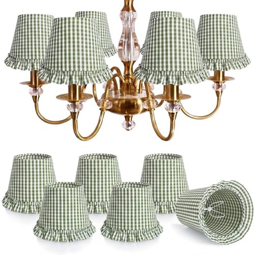 Gerrii Set of 6 Sage Green Gingham Ruffled Chandelier Lamp Shades