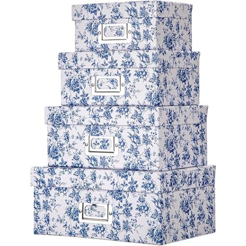 Briful Blue and white Porcelain Storage Boxes, Photos Storage Boxes with Lids 4 in 1 Set Water-proof Gift Boxes Sets Decorative Multiple Size Storage Bins for Clothes/Office/Christmas Decorations
