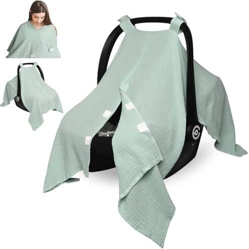 Boryokun Muslin Infant Car Seat Cover for Baby Boys Girls Green | Soft Breathable Car Seat Canopy Multiuse Baby Carrier Cover & Nursing Breastfeeding Cover