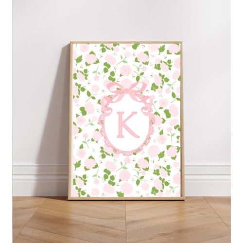 Initial Print Pink Green Monogram Sign Preppy Floral Letter Decor Customized Chinoiserie Name Art Bow Coquette Nursery Grandmillennial