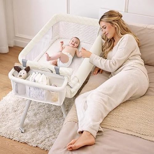 Baby Bassinet Bedside Crib for Newborn, 4-in-1 Baby Bassinet Bedside Sleeper with Mesh & Mattress, Easy Move Crib for Newborns with Lockable Wheels & Storage Basket, 4-Adjustable Height(Beige)