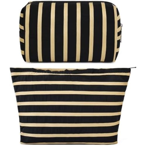 SOIDRAM 2 Pieces Makeup Bag Large Stripe Cosmetic Bag Capacity Canvas Mix Travel Toiletry Bag Organizer Cute Makeup Brushes Aesthetic Accessories Storage Bag for Women, Stripe Mix Black