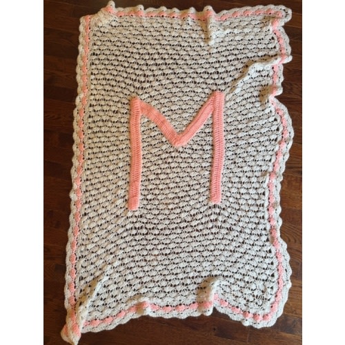 Vintage Handmade Crochet M Monogram Baby Blanket White Pink Nursery Shower Crib