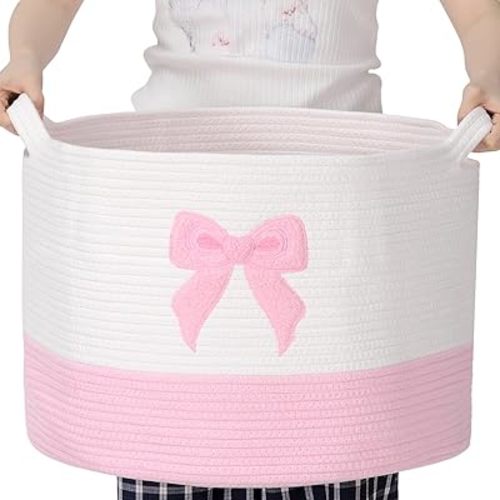 LemonRoad Pink Bow Extra Large Cotton Rope Basket 20"x14", Embroidered Woven Baby Laundry Blanket Basket Box with Handle Storage, Blanket Storage for Living Nursery Pillows Laundry Baby Toy Chest