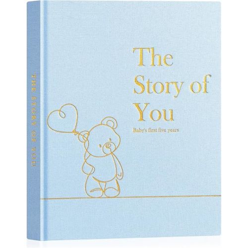 Lanpn Baby Memory Book for Boy Girl - The Story of You, Newborn Babys Keepsake Book Photo Album for New Parents, Linen Cover Baby First 5 Year Milestone Journal Scrapbook (Blue, 154 Pages)