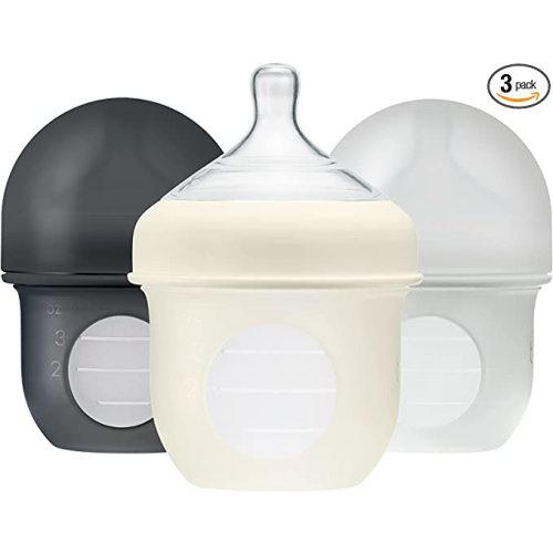 Boon NURSH Reusable Silicone Baby Bottles with Collapsible Silicone Pouch Design — Everyday Baby Essentials — 3 Count — Stage 1 Slow Flow — 4 Oz — Gray - 4 Ounce (Pack of 3)