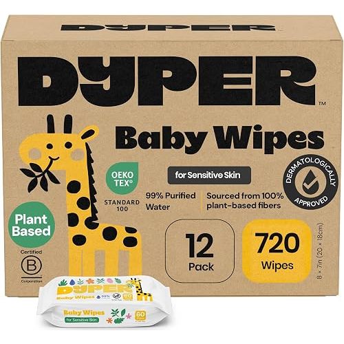 DYPER Baby Wipes 720 Count Hypoallergenic 99% Water Plant-Based Dermatologist Tested