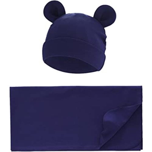 Unisex Baby Swaddle Blanket with Hat Set Newborn Swaddle Receiving Blankets Sleep Sack for 0-3 Months Boys Girls(Navy)