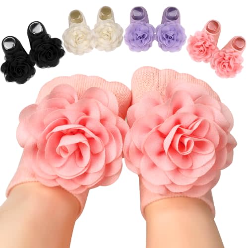 Baby Girl Socks with Non-Slip Grips, 4 Pairs Cute Soft Cotton Breathable Flower Infant Ankle Socks for Newborn