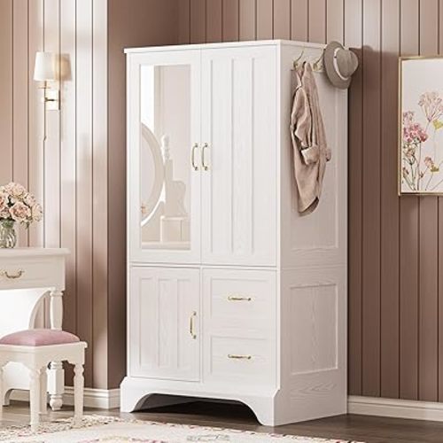 LIKIMIO Armoire Wardrobe Closet with Mirror and 3 Doors and 2 Drawers, Bedroom Wooden Armoire Storage Cabinet Combination with Hanging Rod for Bedroom, White