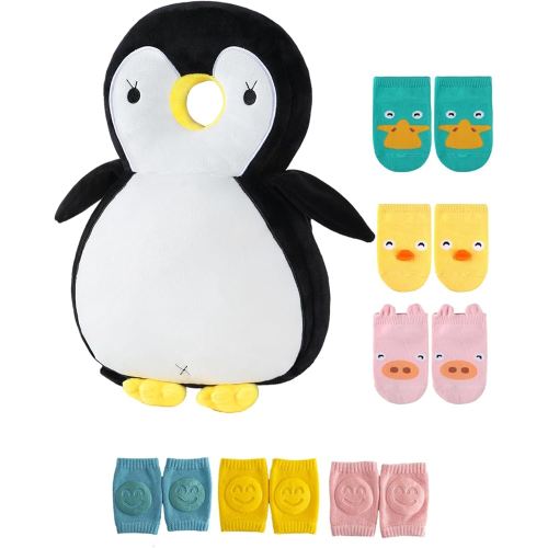 JunNeng Toddler Baby Head Protector Backpack for Toddler Walker with Knee Pads&Anti-Slip Socks, Penguin