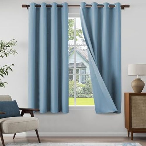100% Blackout Linen Textured Curtains for Children's Room, Bedroom, Light Weight Curtains with Grommets Top, Full Blackout Curtains Privacy Protection, Light Blue, 52" W x 63" L, 2 Panels