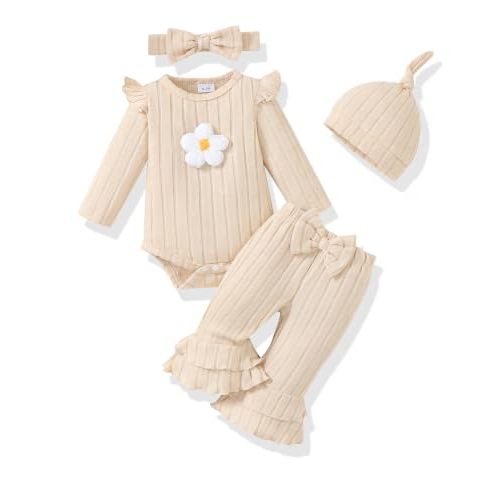 Renotemy Infant Baby Girl Clothes Newborn Outfit Essentials Preemie-12Month | Preemie Newborn Girl Clothes,Snap Button Design Long Sleeve Romper Bodysuit,Bell Bottom Pants,Fall Winter Coming Home Outfits