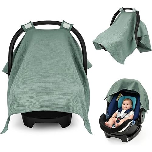 SERAPHY 100% Muslin Cotton Car Seat Cover Baby, Universal Carseat Covers, Breathable Baby Car Seat Canopy for Boys Girls, Soft Infant Car Seat Cover for Summer —Green