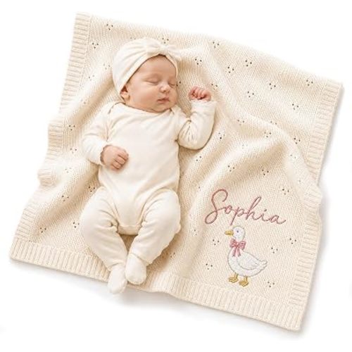 Nonnie Personalized Pointelle Baby Blanket with Name, Custom Embroidered Knit Newborn Wrap for Girls Boys, Soft Nursery Stroller Blanket, Customized Gifts Baby Shower Keepsake, Infant Photo Prop