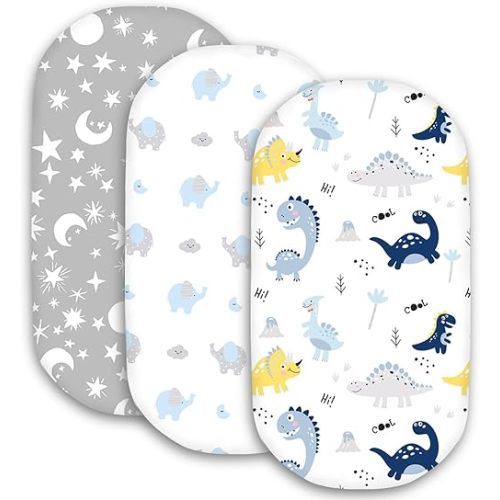 Little Grape Land Bassinet Sheets for Baby Boys Girls 3 Pack, 33" x 18" Extra Soft Breathable Fitted Bassinet Sheets, Bedside Sheets Fit for Oval Rectangle and Hourglass Bassinet Mattress (Dinosaur)