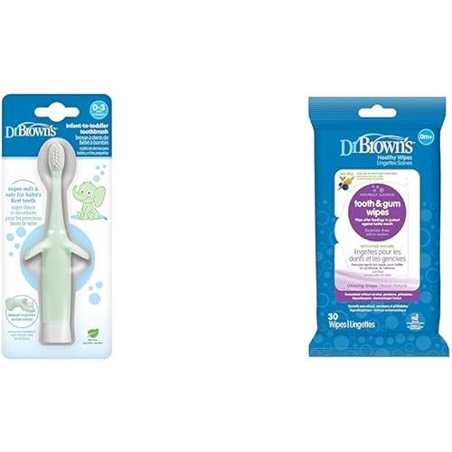 Dr. Brown's Infant-to-Toddler Toothbrush, Elephant, Mint, 0-3 Years & Tooth and Gum Wipes, 30 Count