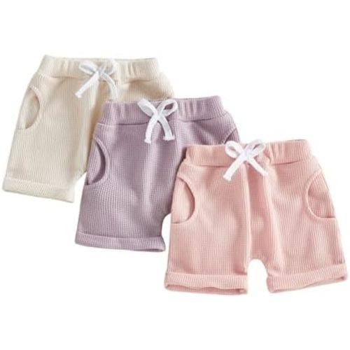 Sejardin Toddler Baby Girl Shorts 3 Pack Solid Waffle Elastic Waist Bottoms Infant Summer Casual Shorts