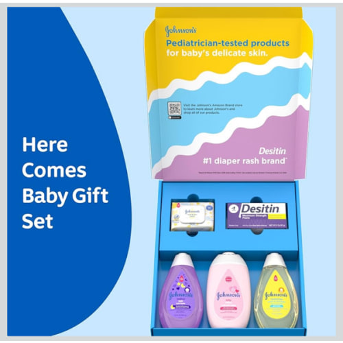 Johnson's Baby Here Comes Baby Gift Set, Baby Essentials for New Parents with Moisturizing Lotion, Bedtime Bath, Body Wash & Shampoo, Hand & Face Wipes, & Diaper Rash Cream, 5 Items
