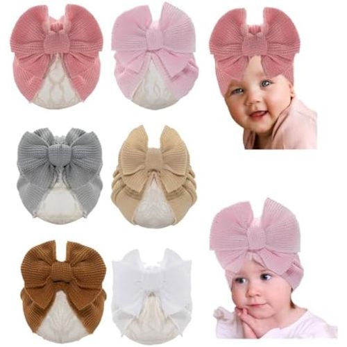 Baby Girls Hair Bow Turban Hat 6PCS Set, Top Bowknot Head Wrap Beanie India Caps for Infant Toddlers