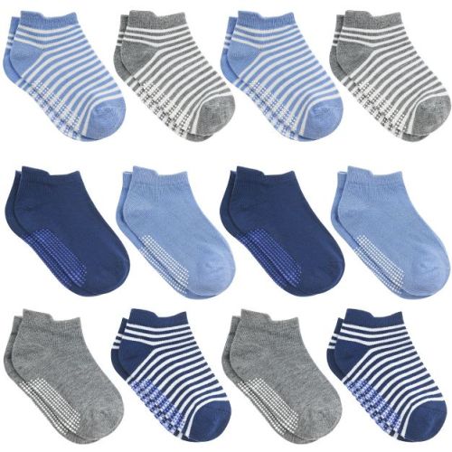 Debra Weitzner Toddler Non-Slip Ankle Socks with Grips for Boys & Girls – Boys Solid & Striped 12 Pairs Size 6-12 Months
