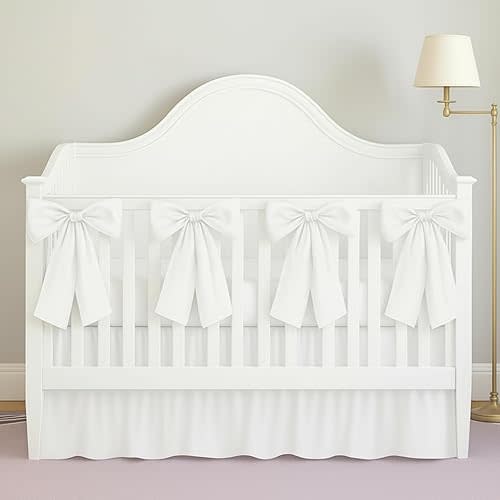 White Crib Bed Skirts with 4 Large Cot Bow 28" x 52" Baby Crib Skirt for Boys Girls Nursery Toddler Bedskirt Dust Ruffle 14" Drop(Ruffle)