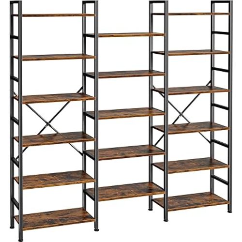 SUPERJARE Triple Bookshelf, Bookcase with 17 Open Display Shelves, Wide Book Shelf Book Case for Home & Office, 6 Tier, Brown