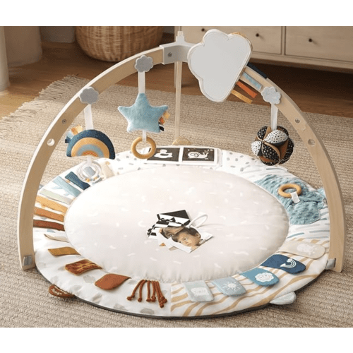 Blissful Diary Baby Play Gym & Activity Mat, 5 Developmental Zones Wooden Tummy Time Mat with 5 Detachable Sensory Toys for Motor Skills & Sensory Development, Baby Essentials Shower Gift
