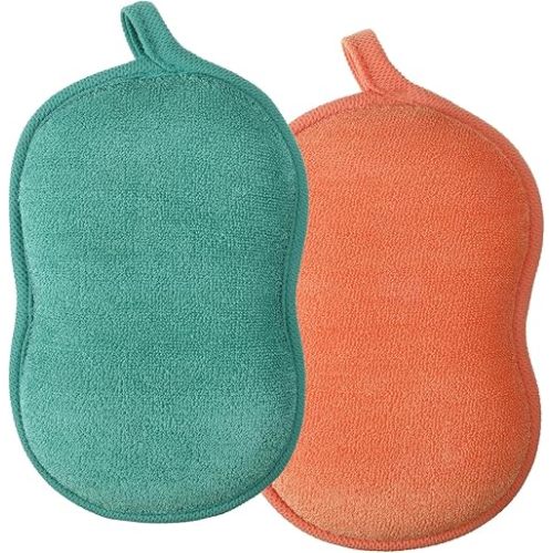 2 PCS Baby Sponge for Bathing, Soft Absorbent Baby Bath Sponge, Exfoliating Shower Sponge for Body, Bath Sponges Loofah for Infants Men Women Body All Skin Type(Green, Orange)
