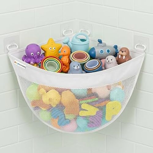 Bath Toy Storage Organizer for Bathtub – Large Mesh Bath Toy Holder & Bath Toy Net, Corner Bathtub Toy Storage Bag with 6 Strong Adhesive Hooks, Quick-Dry Bathroom Toy Holder for Tub & Kids Shower