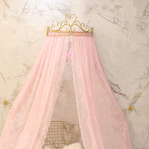 KKLT Lace Bed Canopy,Crown Princess Bed Curtain Court Mosquito Net with Decorative Drapery Metal Crown for Bedroom-Pink…