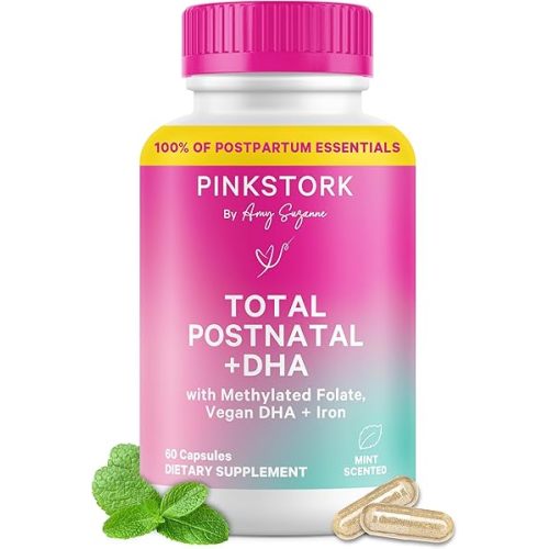 Pink Stork Total Postnatal Vitamins for Women | Vegan DHA, Iron, Folate, B12 | Postpartum Recovery Essentials | Lactation Support for Breastfeeding Moms | Third-Party Tested - 60 Capsules, Mint