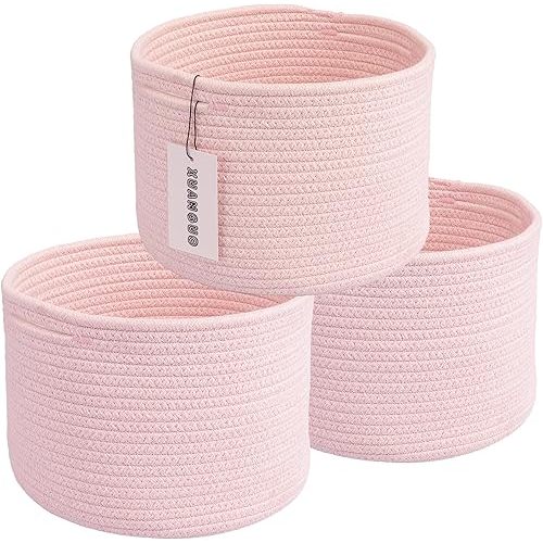 Woven Cotton Rope Storage Baskets - 3-Pack Round Bins (10x10x7'') for Shelves, Closets & Bookcases | Durable Rope Organizers for Nursery, Baby, Toys, Easter & More (pink)