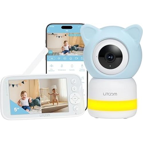 litokam 4MP Baby Monitor with Camera and Audio, 5-inch 1080P Split-Screen, No WiFi & 5G/2.4G WiFi, Remote Pan-Tilt-Zoom, Night Vision, VOX, Temperature Sensor, 2-Way Talk, 7 Lullabies, 1000ft Range