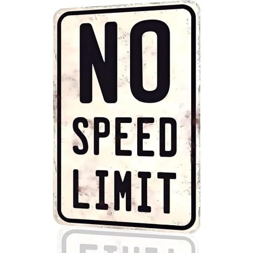 Vintage Metal Wall Sign - No Speed Limit Car Room Decor, Retro Garage Man Cave Wall Art for Boys Bedroom Racing Fans 12x8 Inches
