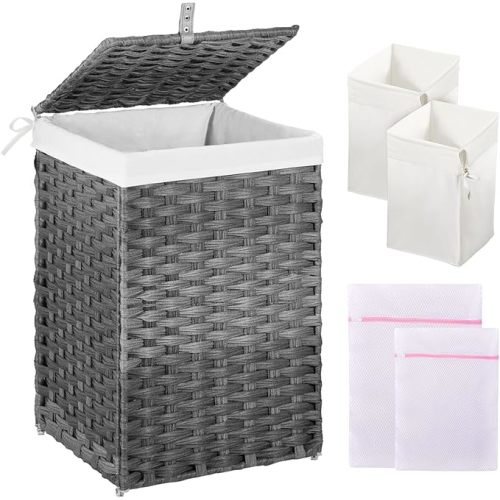 GREENSTELL Laundry Hamper with Lid, 60L Clothes Hamper with 2 Removable Liner Bags & 2 Mesh Laundry Bags, Handwoven Synthetic Rattan Laundry Basket for Clothes, Toys in Bathroom, Bedroom Natural