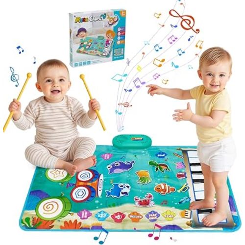 Baby Musical Play Mat,Early Educational 3 in 1 Floor Piano Drum Animal Touch 31.5"*19.6 " Play Blanket Montessori Sensory Musical Learning Toys,Baby Birthday (Sea Pattern)