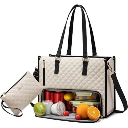 LOVEVOOK Lunch Tote Bag for Women, 17.3 Inch Laptop Bag with Insulated Lunch Compartment, Quilted Large Capacity Computer Handbag with Purse for Business, Work, Nurse, Office, Collage, Casual