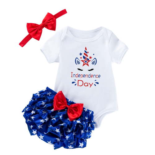 TOWED22 Infant Baby Girl 4th of July Outfit Short Sleeve Letters Romper Stars and Stripe Shorts Headband 3Pcs(White,9-12 M)