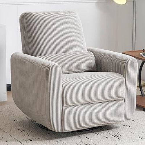 360° Swivel Glider Recliner Chair, Oversized Rocker Recliner with Heating and Massage, Glider Chair for Nursery with Pillow,24" Extra Wide Rocking Chair for Living Room, Grey