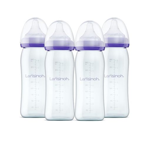 Lansinoh Anti-Colic Glass Baby Bottles, 8 Ounces, 4 Count Bottles for Feeding, Baby Essentials, Includes 4 Medium Flow Nipples, Size M