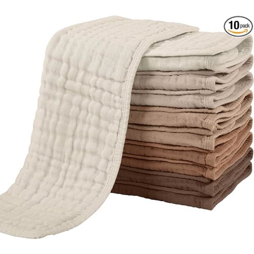 Yoofoss Muslin Burp Cloths for Baby 10 Pack 100% Cotton Baby Washcloths for Boys Girls Large 20''X10'' Super Soft and Absorbent-Gradient Khaki
